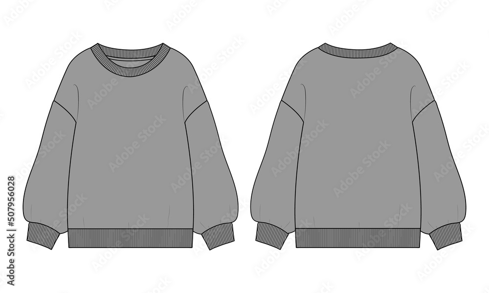 Wall mural Long sleeves Cotton-terry Fleece sweatshirt technical fashion flat illustration With regular fit crew neckline. Flat Sketch jumper apparel vector template front, back view. Woman, unisex top CAD
 - Wall murals