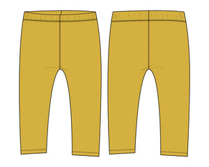 Trouser Pant for baby girls. technical Fashion flat sketch vector illustration Yellow color template front and back view.