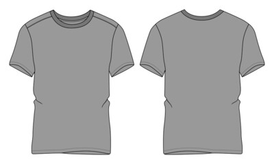 Regular fit Short sleeve T-shirt technical Sketch fashion Flat Template Front and back view. apparel design Grey Color Mock up.