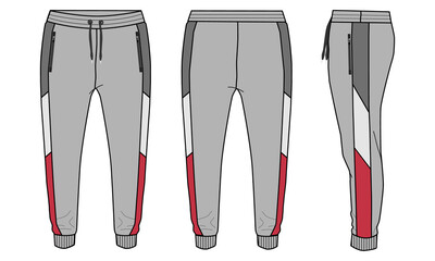 Fleece cotton jersey basic Sweat pant technical fashion flat sketch template front and back views. Apparel jogger pants vector illustration mock up for kids and boys. Fashion design drawing CAD.
