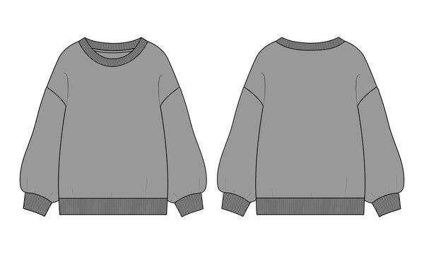 Long sleeves Cotton-terry Fleece sweatshirt technical fashion flat illustration With regular fit crew neckline. Flat Sketch jumper apparel vector template front, back view. Woman, unisex top CAD

