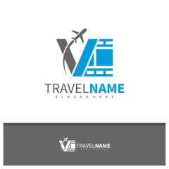 Film Airplane with Letter V logo design vector, Creative Travel logo concepts template illustration.