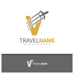 Airplane with Letter V logo design vector, Creative Travel logo concepts template illustration.