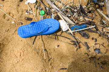 Plastic bottles and other trash on sea beach. Garbage on beach. Plastic at the ocean. Earth day globe Beach pollution Ecological concept.