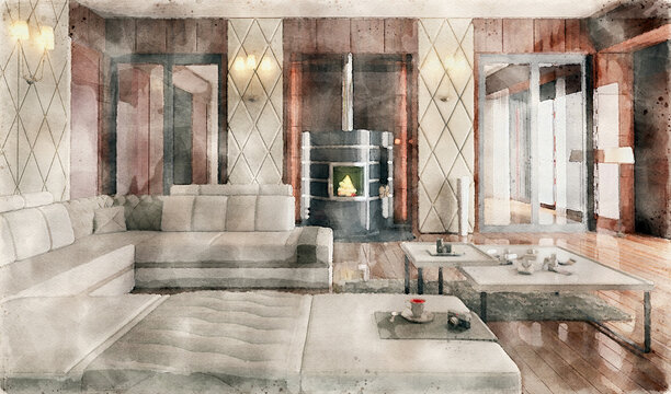 Watercolor Painting of a Suite with Fireplace