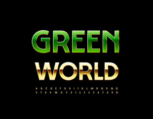 Vector eco poster Green World with premium set of Alphabet Letters and Numbers. Green and Gold elite Font