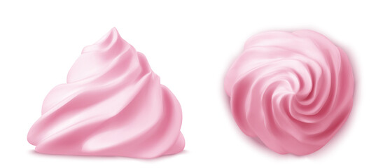 Whipped pink cream swirl or meringue top side view 3D vector. Custard, butter or strawberry creme for decoration cake, cupcake or muffin, realistic elements set isolated on background