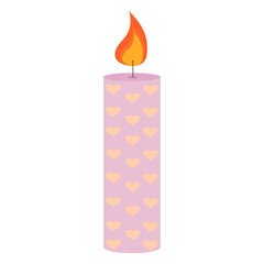 Vector illustration of a cute purple candle with hearts. Decor for home and comfort.