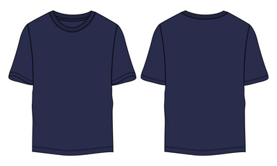 Regular fit Short sleeve T-shirt technical Sketch fashion Flat Template Front and back view. apparel design  Navy Color Mock up.