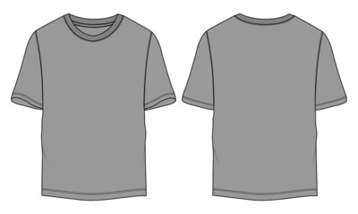 Naklejka premium Regular fit Short sleeve T-shirt technical Sketch fashion Flat Template Front and back view. apparel design Grey Color Mock up.