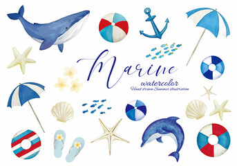 マリンの手書きの水彩素材セット