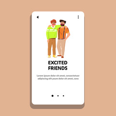 Excited Friends Resting Together Outdoor Vector. Excited Friends Men Hugging And Meeting. Happiness Characters Guys With Positive Emotion Relaxing And Laughing Web Flat Cartoon Illustration