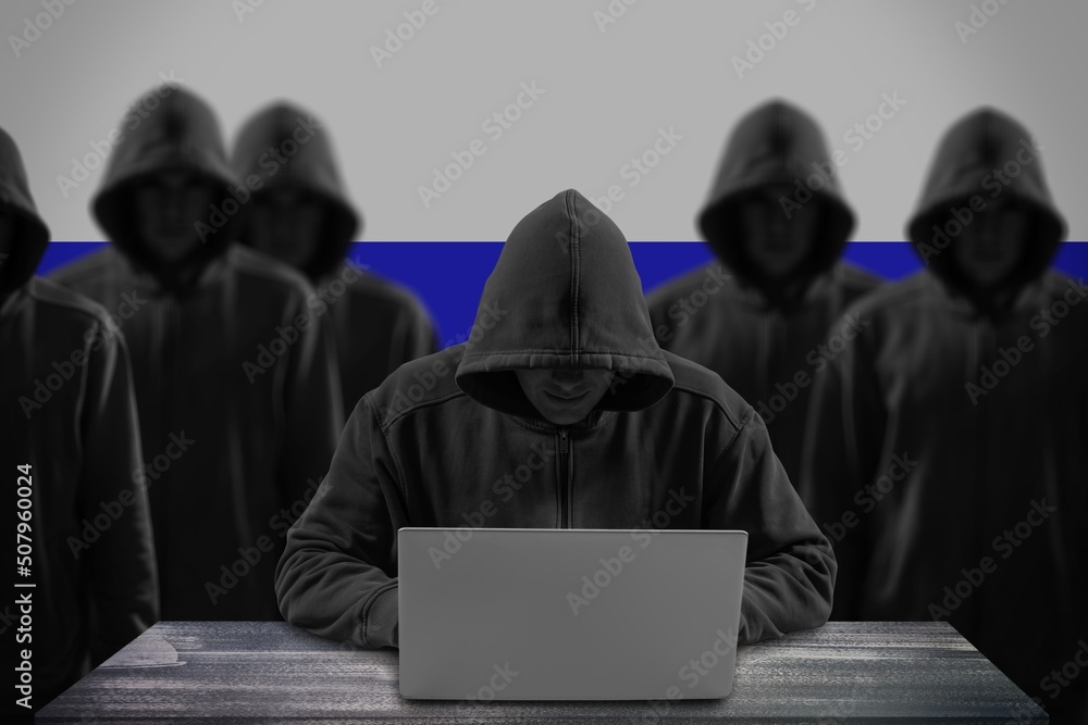 Canvas Prints Many russian hackers in troll farm. Cyber crime and security concept. Flag in background.