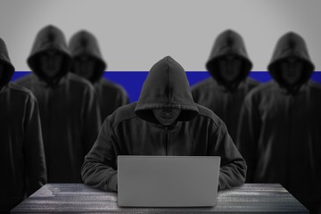 Many russian hackers in troll farm. Cyber crime and security concept. Flag in background.