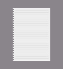 Lined empty white paper of notebook, realistic vector illustration isolated on gray background.
