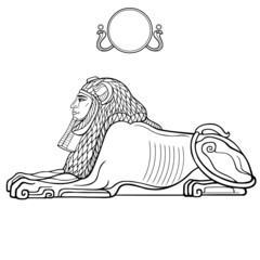Animation linear portrait: Egyptian sphinx body of a lion and the head of a man. Divine sun. Vector illustration isolated on a white background. Print, poster, t-shirt, tattoo.