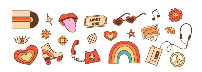 Retro set of stickers with 70s 80s style elements. Old fashioned roller skate, vintage camper van, bus and music devices. Hippie outline color icons. Cartoon daisy flower with smiley face. Vector.