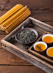 chinese tea set on bamboo mat