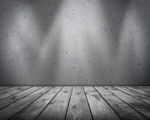Empty wooden floor and blank grey concrete wall in spotlit lights interior studio room.