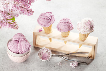 Berry ice cream in waffle cones