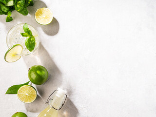Flat-lay of mojito cocktail with lime, fresh mint and ice, bottle with mojito on white texture...