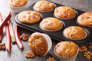 Homemade sweet muffins with rhubarb and walnuts close-up in a baking dish on the table. horizontal
