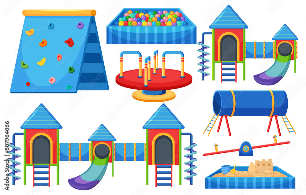 Poster set of children playground equipment on white background