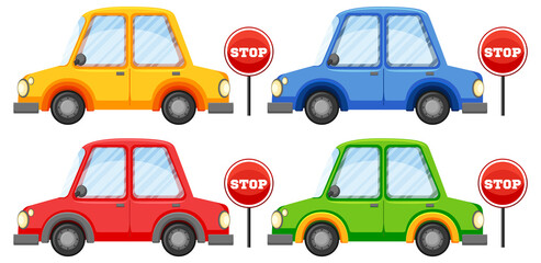 Naklejka premium Four cars with stop signs