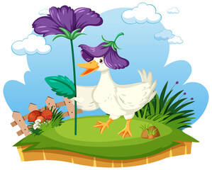 Cute duck holding flower at the garden