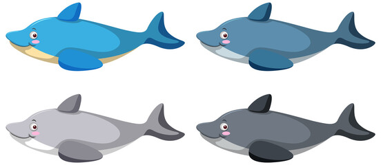 Set of different dolphins in cartoon style