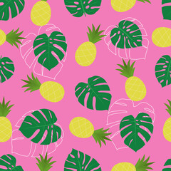 Monstera leaves and pineapples seamless pattern. Flat vector illustration, tropical summer pattern.