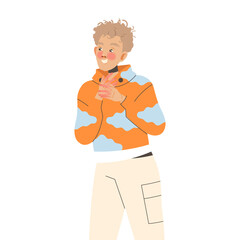 Positive Man Character in Orange Hoody Standing with Smiling Face Feeling Euphoric and in High Spirits Vector Illustration