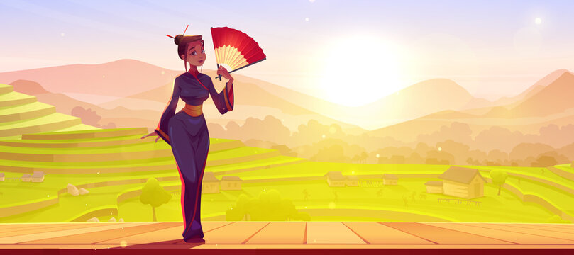 Geisha in kimono on background of rice field terraces at morning. Vector cartoon illustration of japanese girl with red fan on wooden veranda and summer landscape of asian green paddy farmland