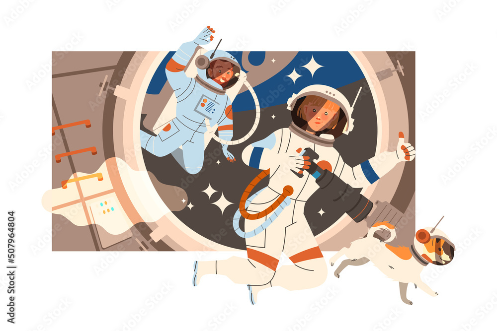 Poster man and woman astronaut character in outer space in spacesuit flying on space shuttle vector illustr