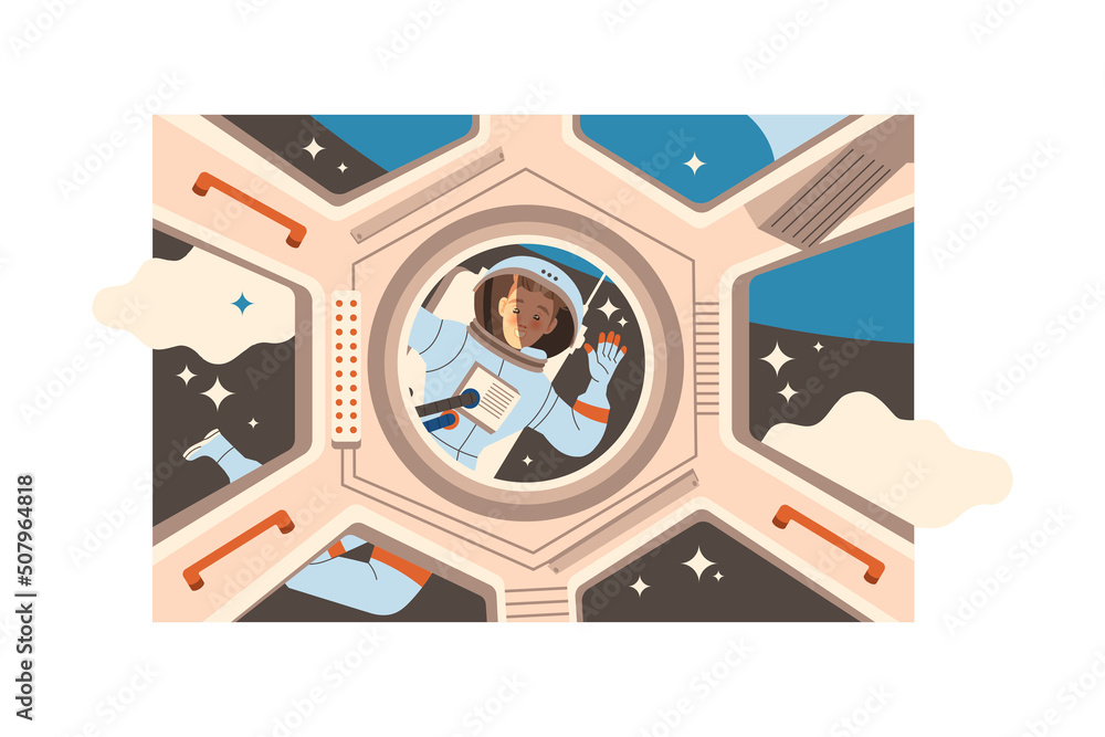 Poster man astronaut character in outer space in spacesuit looking in porthole of shuttle vector illustrati