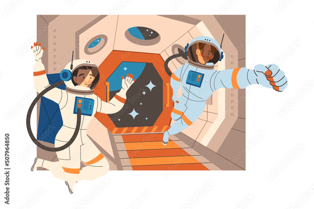 Aufkleber man astronaut character in outer space in spacesuit flying on space shuttle vector illustration