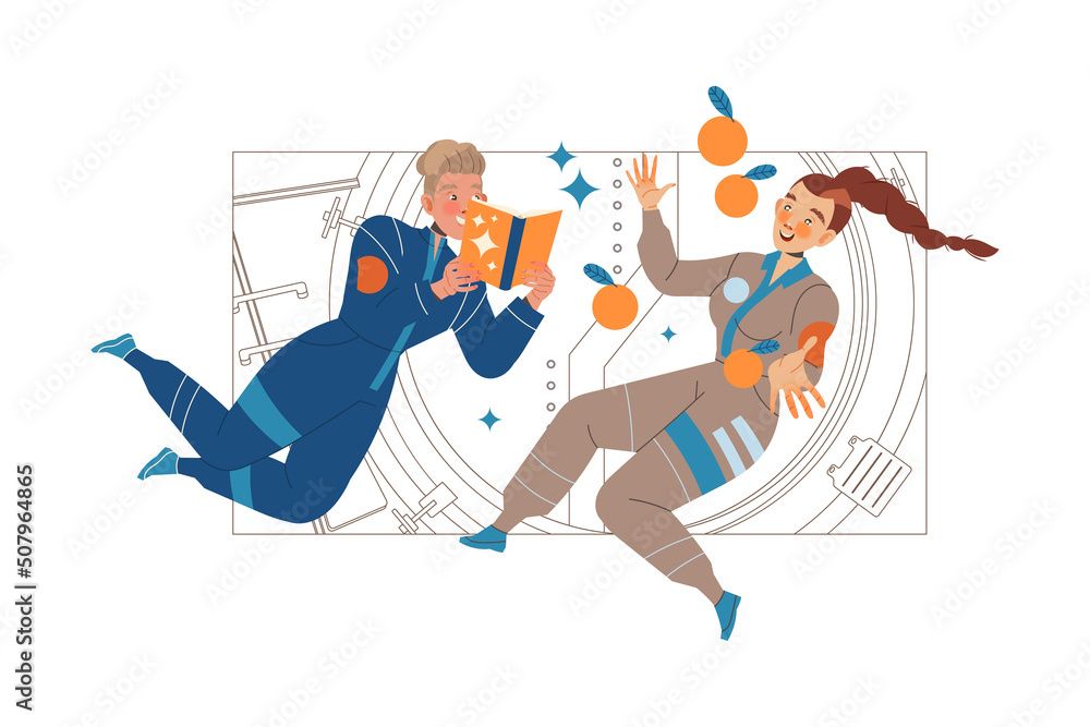 Poster man and woman astronaut character in outer space in spacesuit flying on space shuttle vector illustr