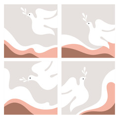 Dove of peace with olive branch ,abstract wavy shapes. Set of banners, poster	
