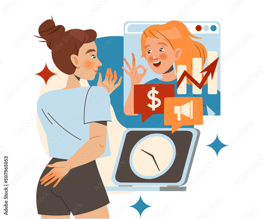 Poster woman character working with information on screen analyzing and browsing data vector illustration