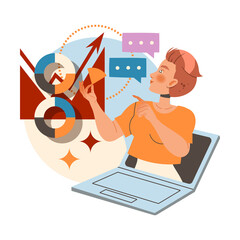 Woman Character Working with Information with Laptop and Chart Analyzing and Browsing Data Vector Illustration
