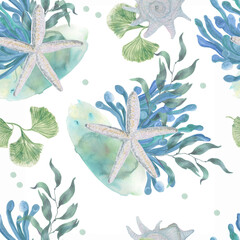 Watercolor painting seamless pattern with seaweed, starfish. - 507965049