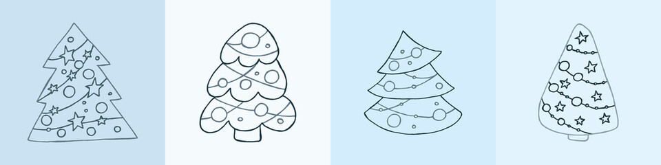 A set of hand-drawn christmas trees. Vector illustration in doodle style. Winter mood. Hello 2023. Merry Christmas and Happy New Year. Gray elements on a blue background.