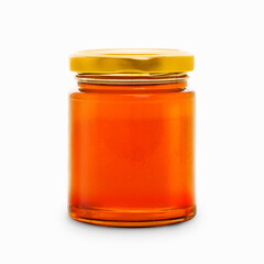 honey in jar, golden yellow honey, honey in glass bottle