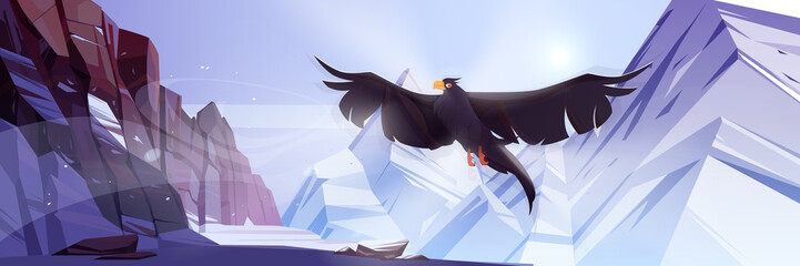 Snow mountains with flying raven. Vector cartoon illustration of winter landscape with rocks with high cliffs, canyon, ice peaks and black crow fly above ledge