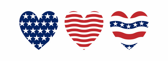 The 4th of July, USA Independence day,  Labor Day, Red and Blue, Stars and Stripes, National flag, Freedom colors, Patriot Hearts, Hand drawn vector illustration.