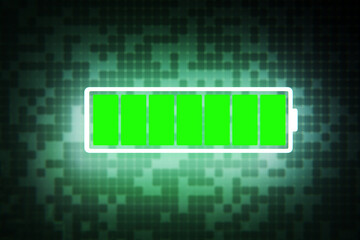 Glowing charged battery icon on a square background. Battery charging concept. 3d render.