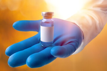 Medical hand holds vaccination for booster Doctor with vial of the doses vaccine. Vaccination and...