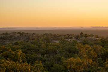 Sunset at Undara Volcanic National Park, Queensland, Australia. Looking out to the mountains and the horizon. 