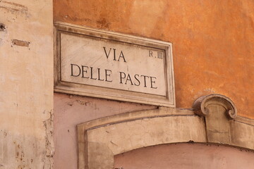 Rome Street View with House Facade Detail and Street Sign, Italy