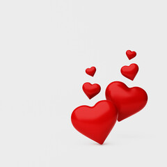 Two red hearts and several smaller ones on white, 3d rendering